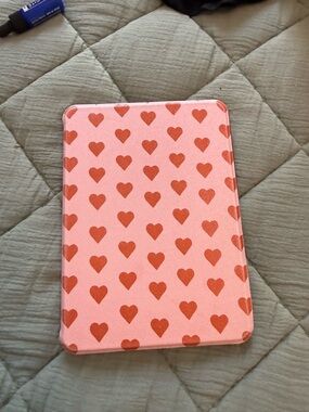 Pink Tablet Cover with Red Heart Print - Protective Folio Case